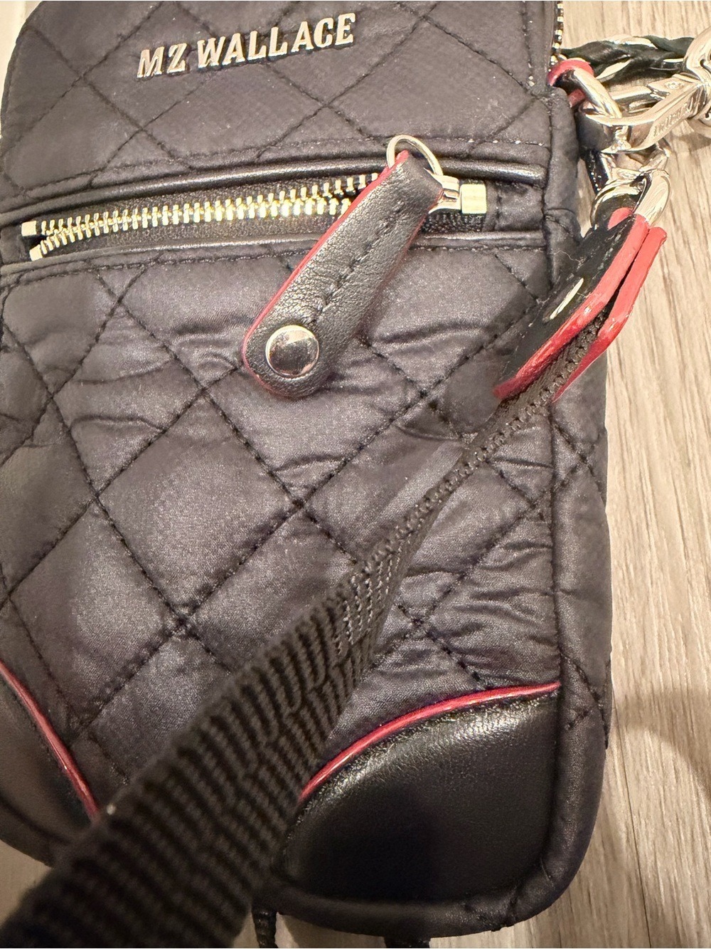 MZ WALLACE Micro Crosby Crossbody Bag Black Quilted Nylon Red Trim Travel - Picture 7 of 12